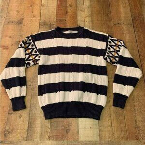 Cape isle knitters women’s vintage navy blue white striped cable knit sweater -L